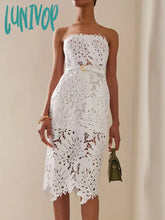 Lunivop Women Celebrity Sexy Strapless Backless Lace White Midi Bodycon Bandage Dress Elegant